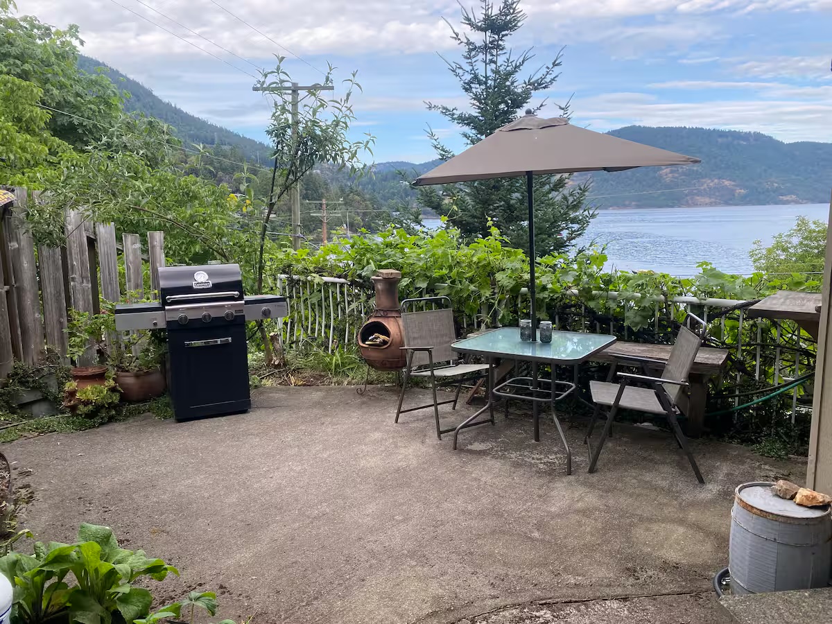 Backyard patio with BBQ and water views