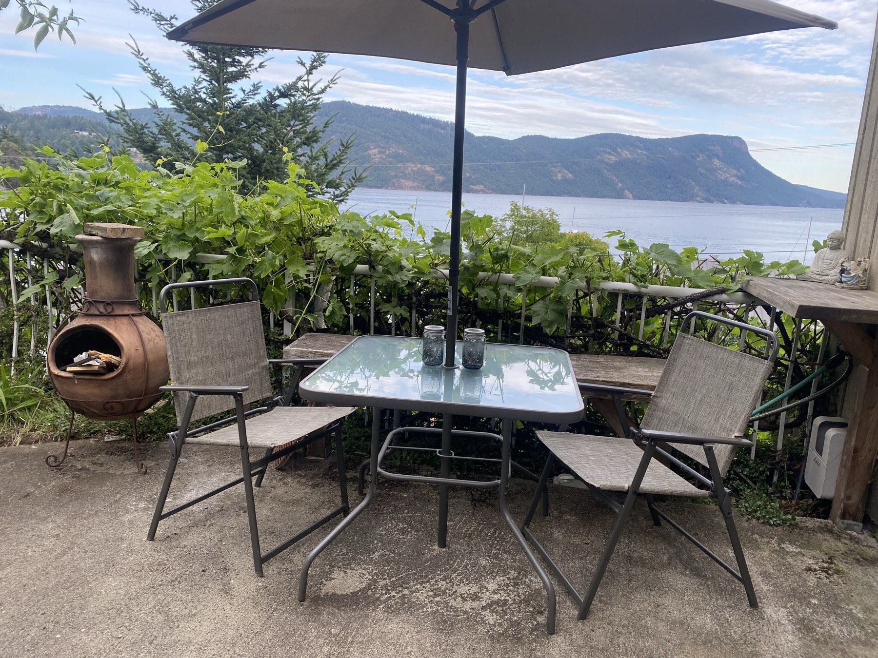 Patio dining with bay views